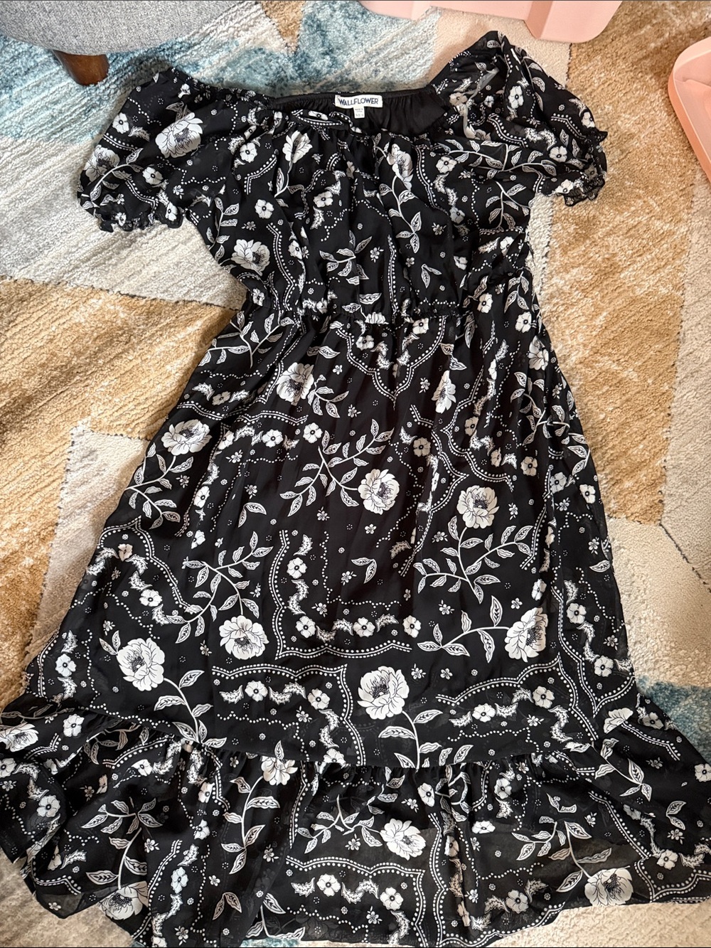 Wildflowers Black and White Floral Off-Shoulder Midi Dress